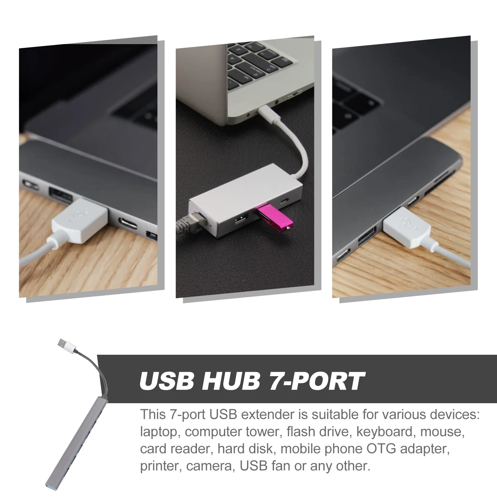 

USB-концентратор, 7-портовый прочный алюминиевый сплав, адаптер с несколькими портами USB, файл для передачи фильмов, совместимый с музыкой, ноутбук, ПК