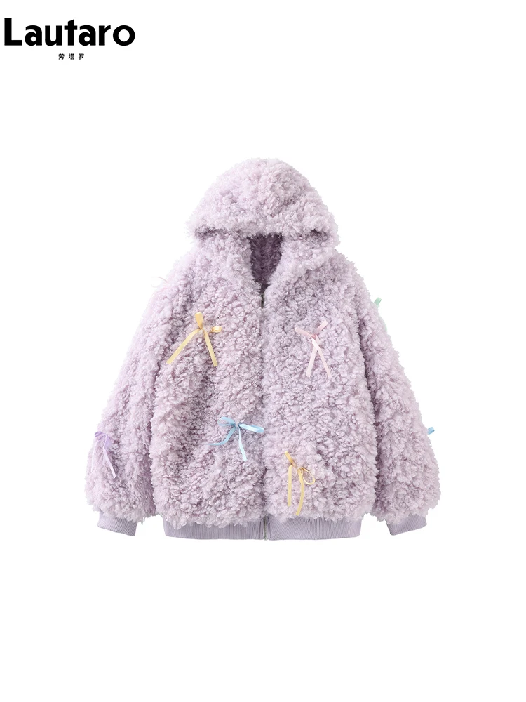 Lautaro Winter Oversized Sweet Cute Kawaii Warm Fuzzy Light Purple Faux Fur Hoodie Women with Hood Bow Fluffy Sherpa Jacket 2024