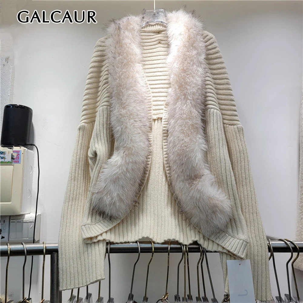 GALCAUR Detachable Fluffy Spliced Knitting Loose Jacket for Women Fur Collar Long Sleeve Solid Temperament Cardigan Female Style