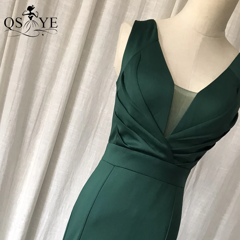 Simple Green Bridesmaid Dresses Elastic Satin Sexy Open Split Formal Evening Gown V Back Ruched Mermaid Emerald Prom Party Dress