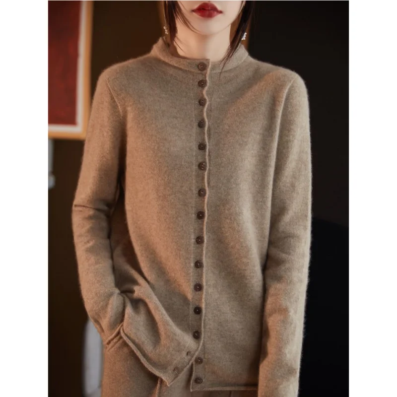 100% Wool Cardigan Sweater AutumnWinter Long Sleeved Fashionable Jacket Loose and Trendy Solid Color Women's