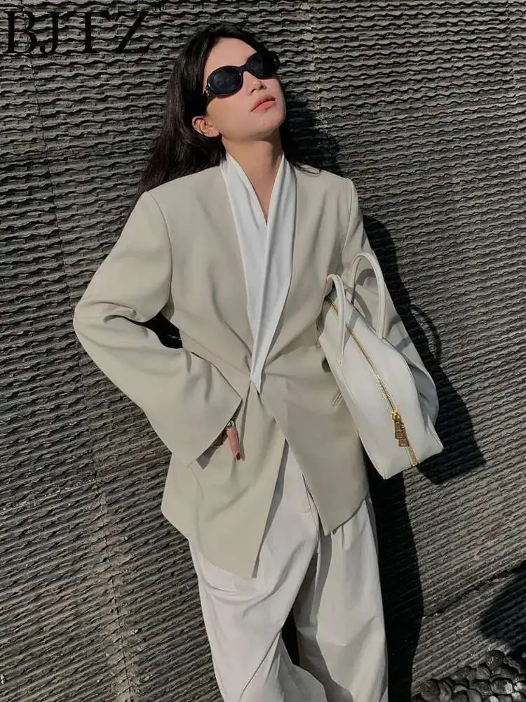 

BJTZ Scarf Collar Waistband Blazer Jacket For Women 2025 Spring New Loose High-end Temperament Office Lady Female Tops