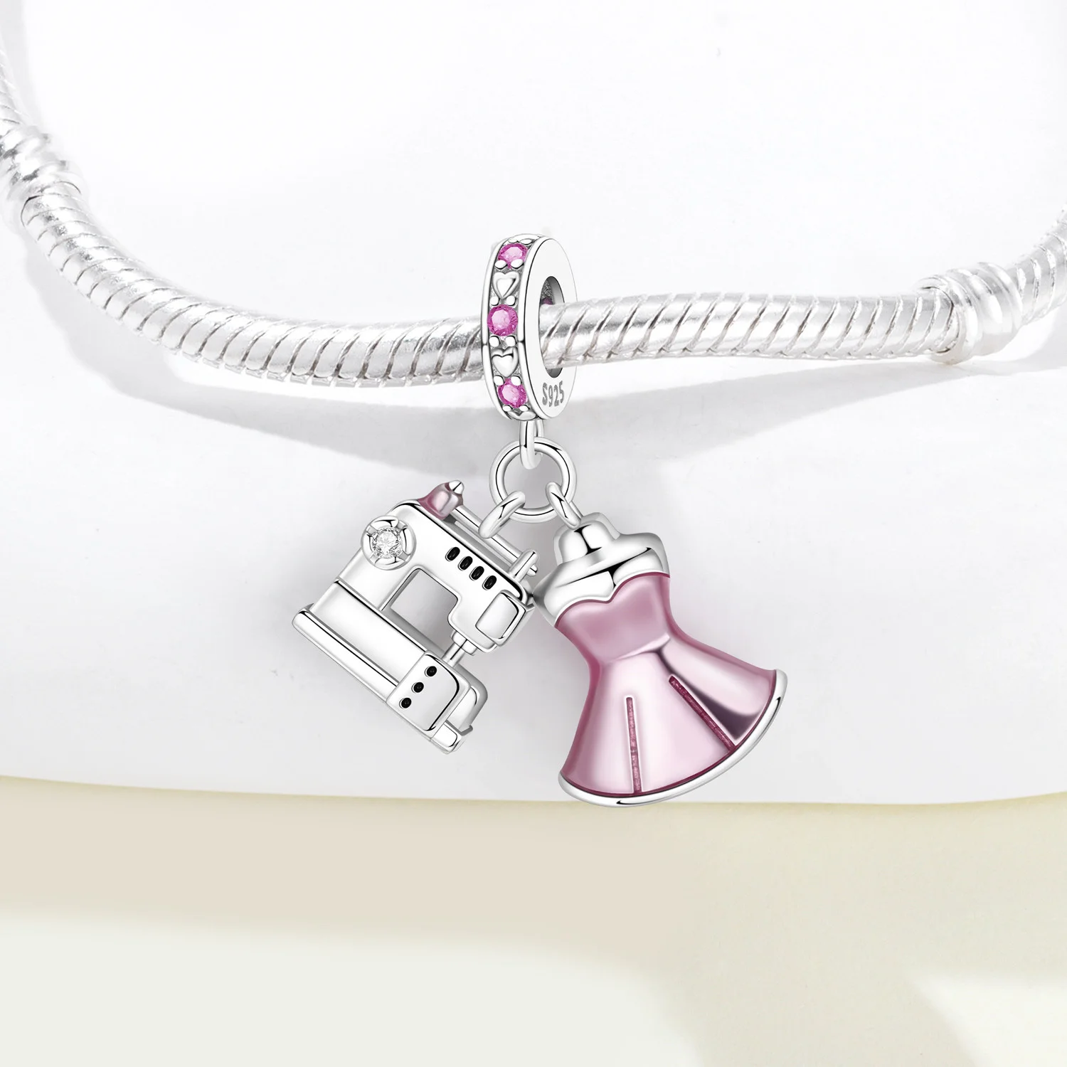 Original 925 Sterling Silver Sewing Machine Pink Dress Pendant Birthday Party Gift for Women Bracelet Necklace DIY Beads Jewelry view 3