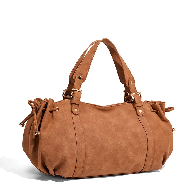 Vintage Frosted Tote Bag Women Large Capacity Shoulder Handbag Casual Commuter Purse Retro Drawstring Ruched Boston Bag
