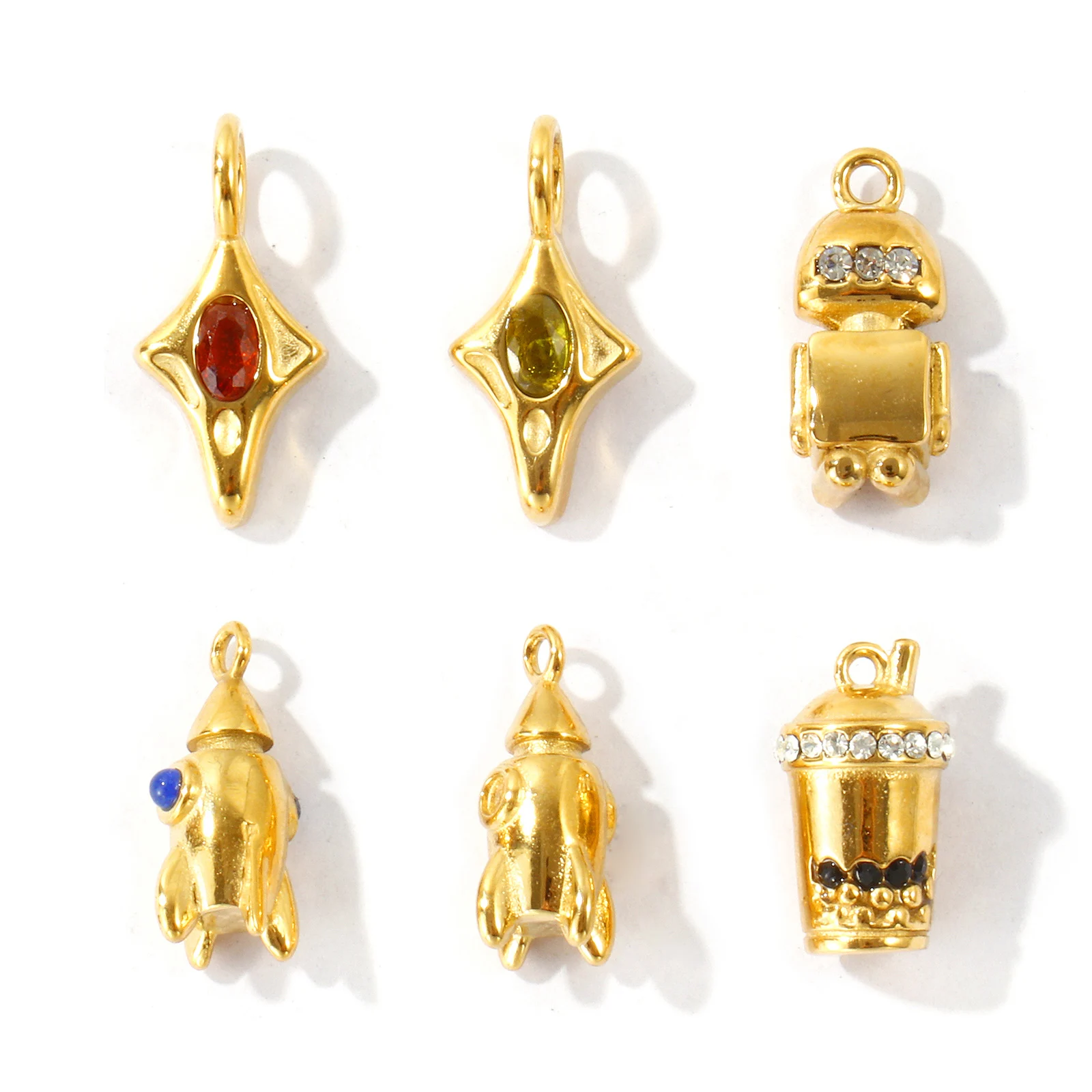1Pc Stainless Steel Space Theme Charms 18K Gold Plated Rocket Robot Boba Cup Star Rhinestone Pendant DIY Jewelry Making Findings