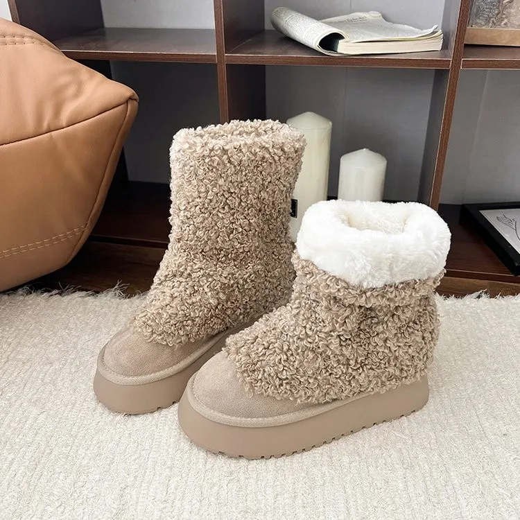 Velvet Fur Warm Winter Snow Boots for Women 2024 New Female Warm Plush Mid Calf Snow Boots