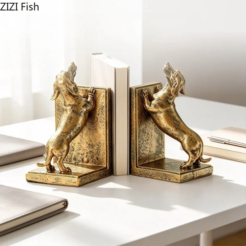 Resin Sausage Dog Book Holder Vintage Golden Book Stand 2-piece Set Bookshelf Bookends Ornaments Animal Statue Model Art Statue
