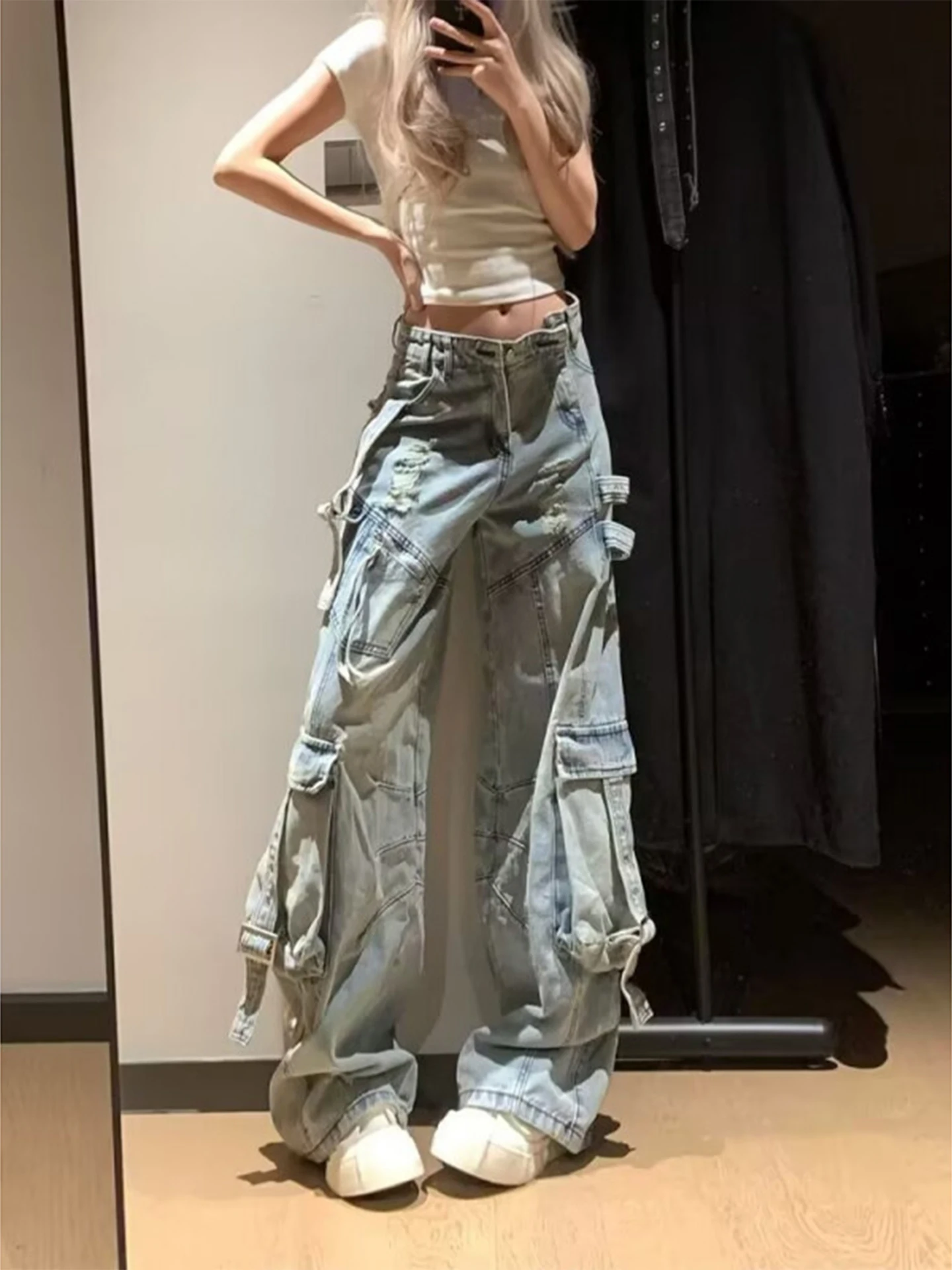 

Deconstructed Spliced Sa Denim Pants Men's Autumn Multi-ket Waed Workwear Wide Leg American Sle Casual Trousers