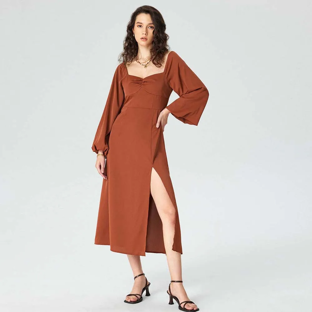 

Elegant Intellectual Style Square Collar Dress Autumn Winter High Waist Knitted Thickened Basic Model Ladylike Split Dress