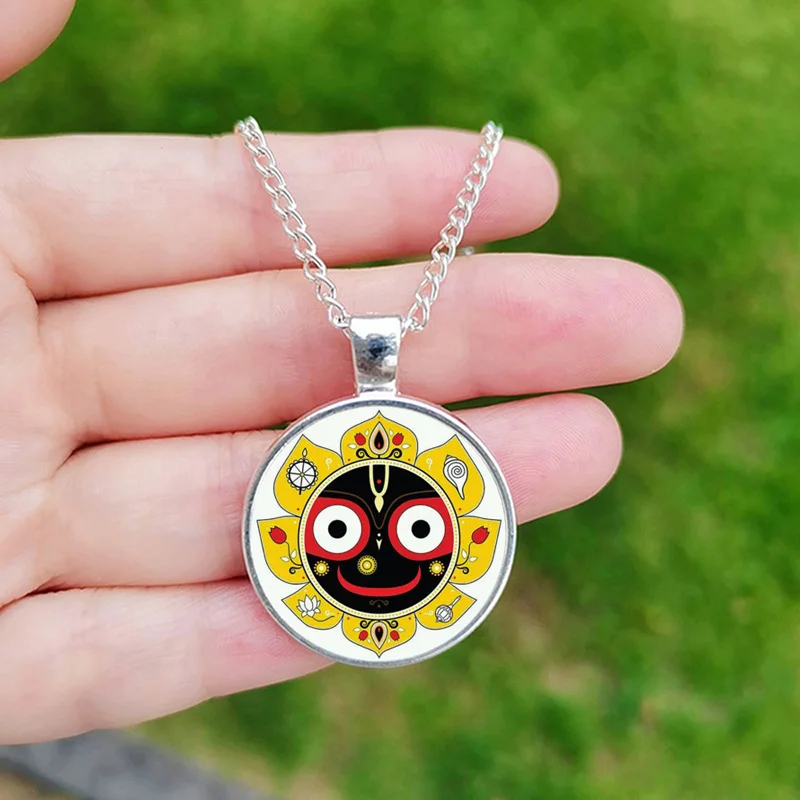 Vintage Hindu God lord Jagannath Necklace for Men Women Mandala Face Picture Charm Glass Time Gem Pendant Jewelry Gift