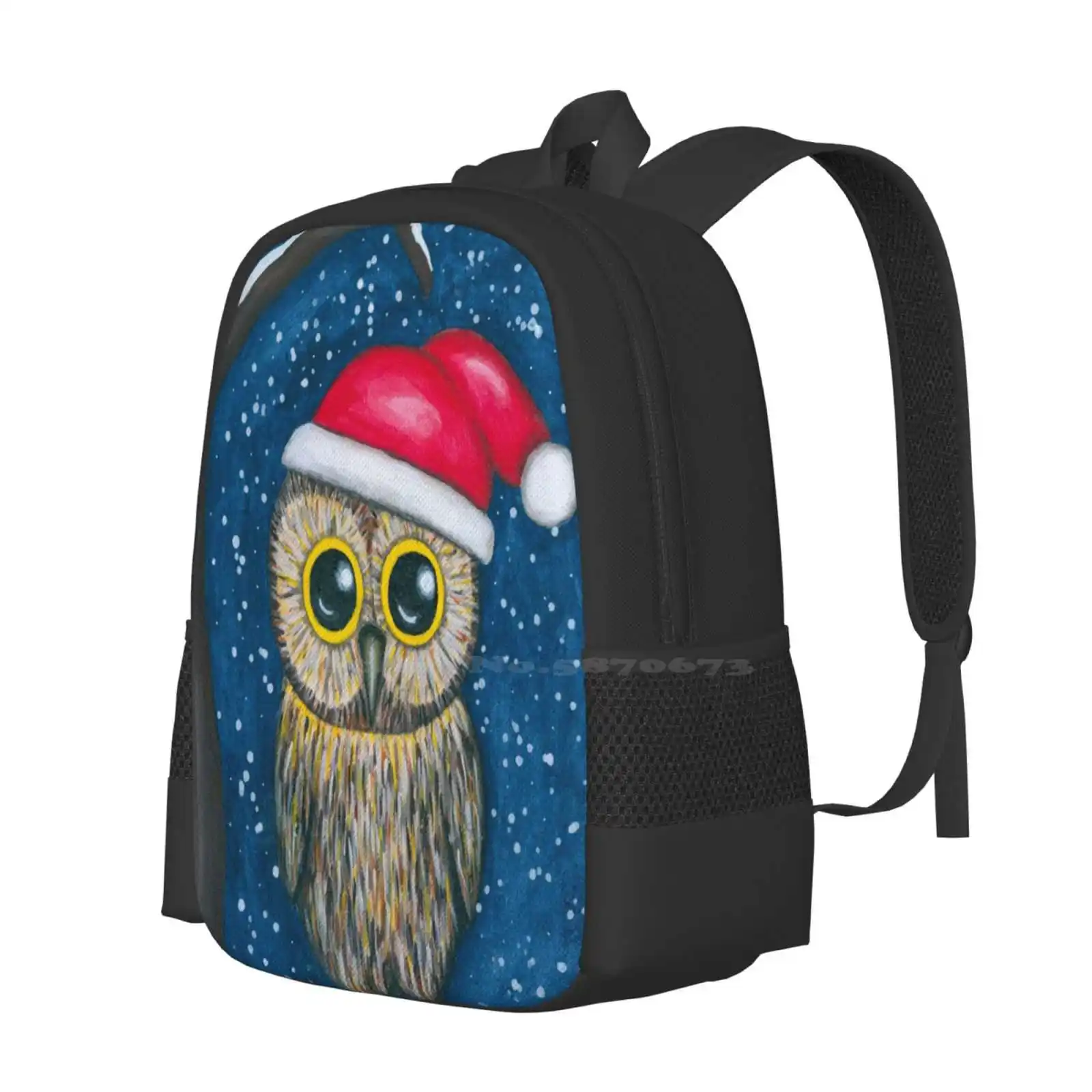 Owly Night Pattern Design Bagpack School Bags Xmas Tree Snow Cute Cutness Holidays Love Santa Hat Christmassy Whimsical Animal