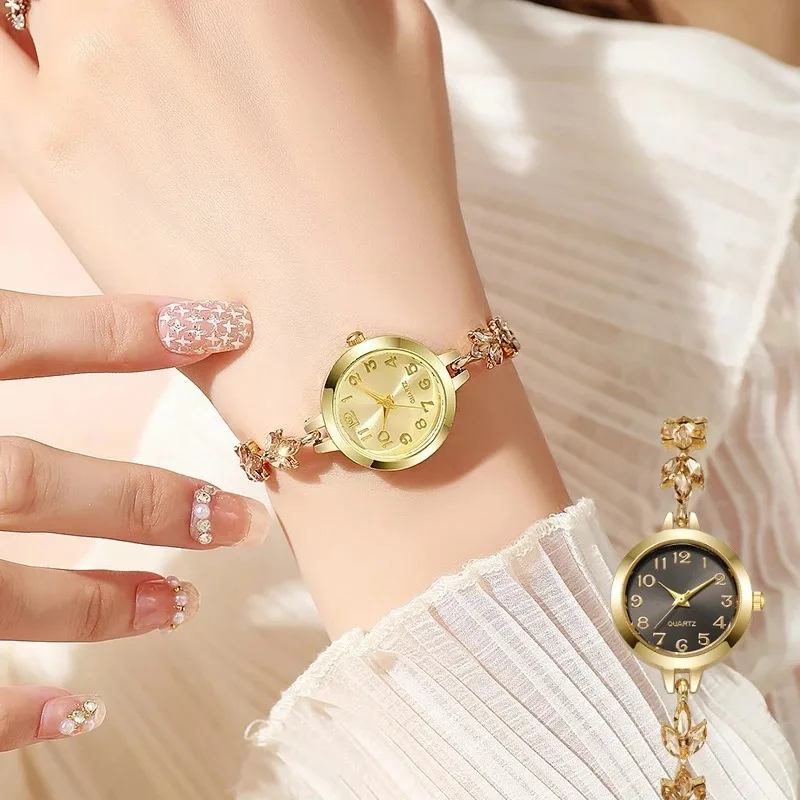 جولة سبائك حالة الأرقام العربية الكلاسيكية الهاتفي ورقة على شكل الماس مرصع الأزياء سوار أنيقة السيدات ساعات كوارتز Reloj