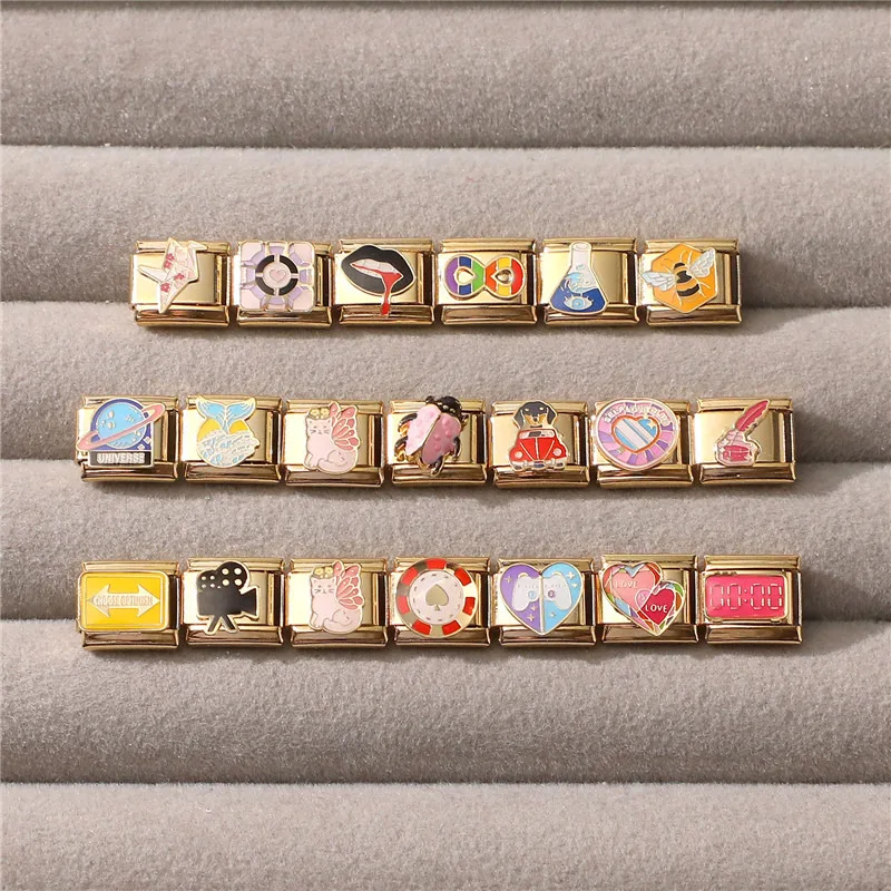 New Vintage Gold Color Dog Bee Projector Lips Heart Italian Charm Link Fit 9MM Bracelet Stainless Steel Women DIY Making Jewelry