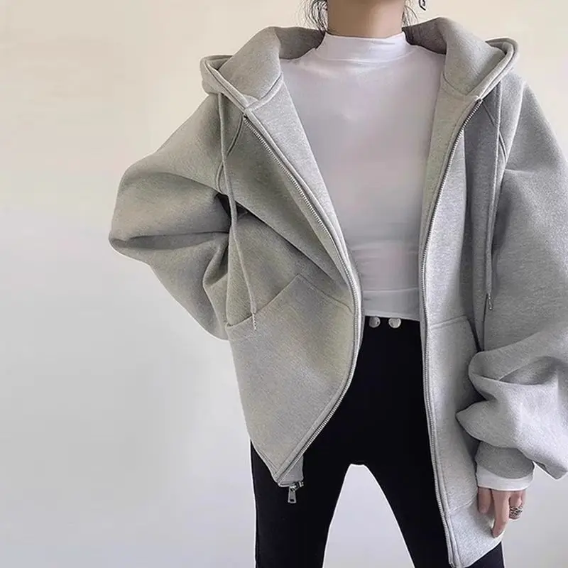 

2025 Hooded Jacket American Fall Winter Fleece Thickened Sweatshirt Cardigan Jacket Women's Oversize Top