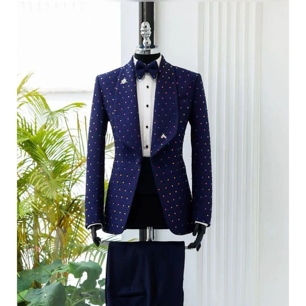 

Luxury Navy Men Suits 2 Pieces Jacket Pant One Button High Quality Collar Business Formal Occasion Male Clothing Deisgn