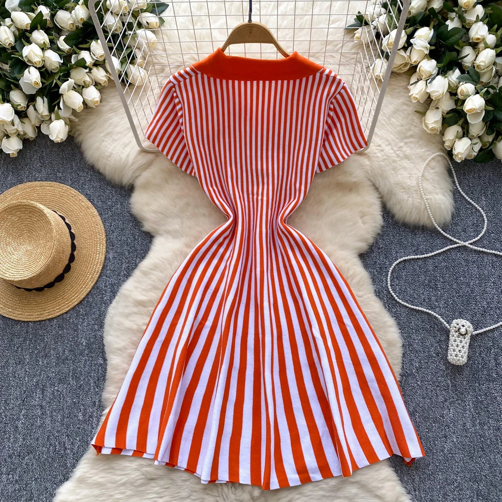 YuooMuoo 2025 New Summer Vintage Vertical Stripes Knitted Summer Dress Women Turn-down Collar Slim Waist A-line Short Dress