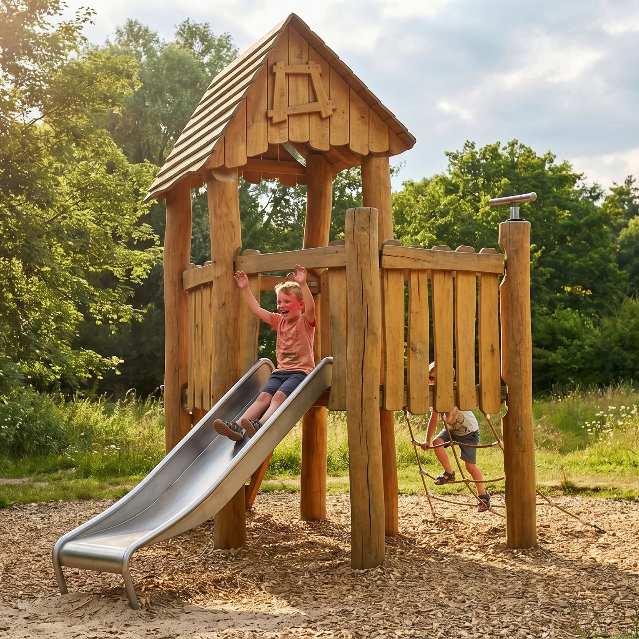 Kids Outdoor Hut - Outdoor Wooden Playground Equipment Set for