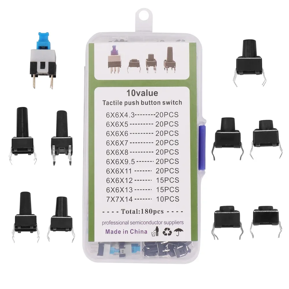 

180 шт., мини-кнопочный переключатель, комплект тактовых переключателей, мгновенные тактильные кнопочные микропереключатели 6*6*4,3/5/6/7/8/9,5/11/12/13/14