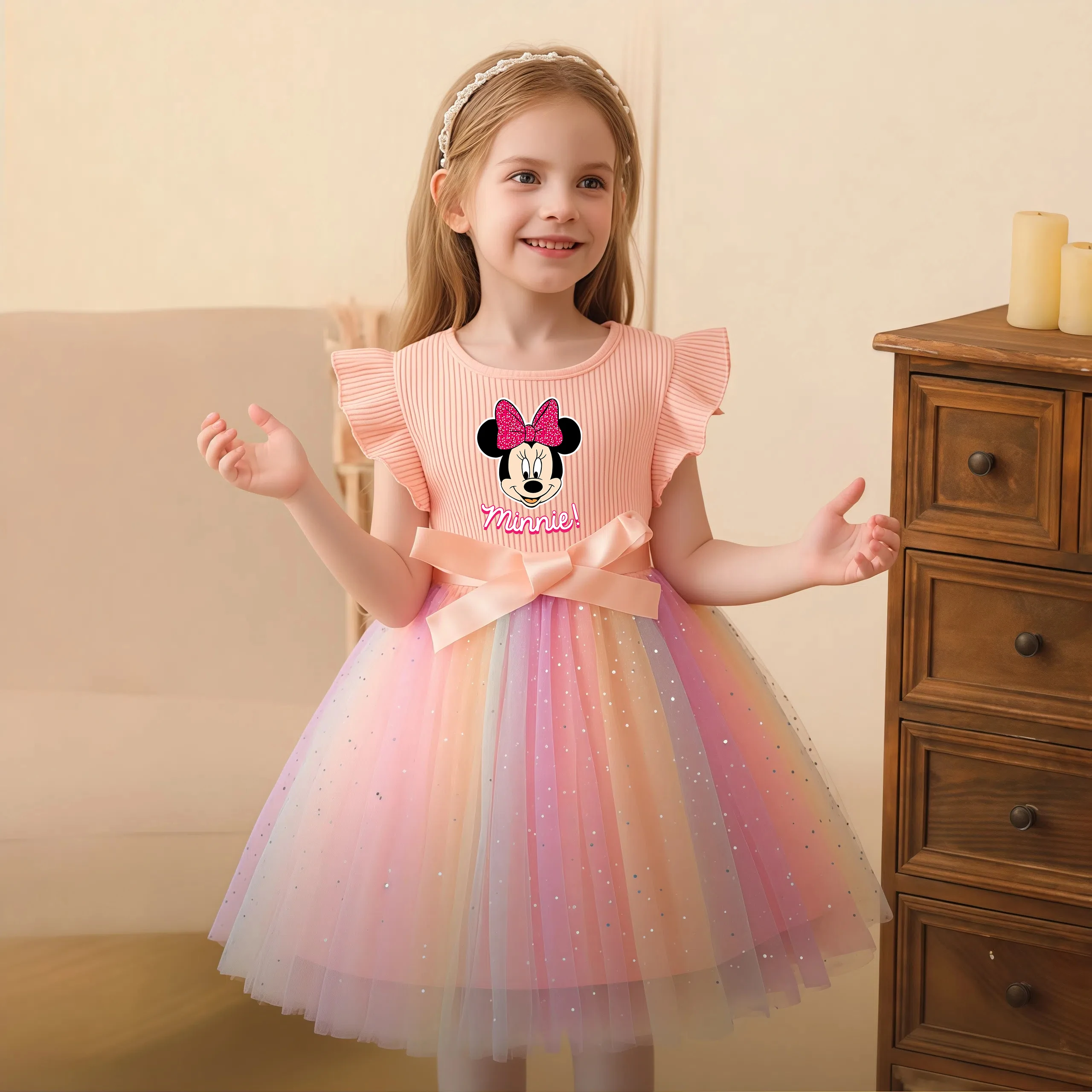 Mickey Minnie Girls Dress for Sequins Toddler Girls Rainbow Tulle Sweet Kids Princess Dress for Girls Birthday Party Gift 1-5Y