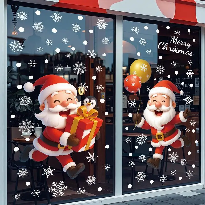 Christmas Static Window Stickers Santa: Reindeer Snowman Snowflake Xmas Glass Decals Removable Home Clings