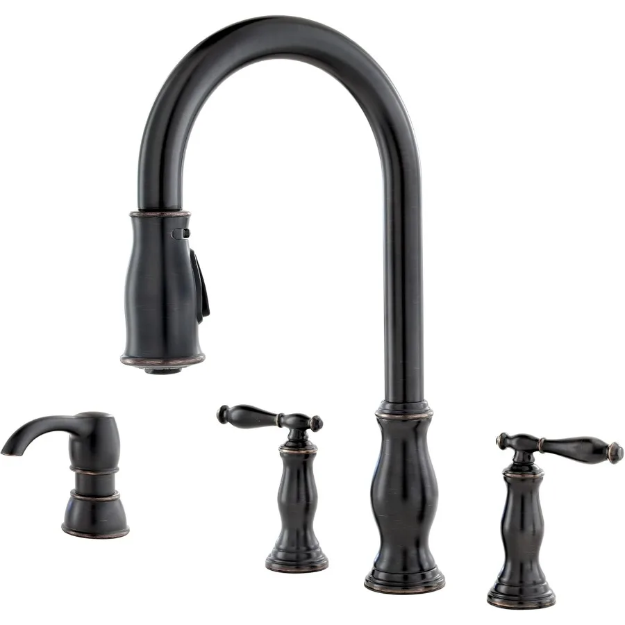 

Кухонный смеситель Hanover с выдвижным распылителем и дозатором для мыла, 2 ручки, 4 отверстия, высокий излив, отделка под бронзу Tuscan, F5314HNY