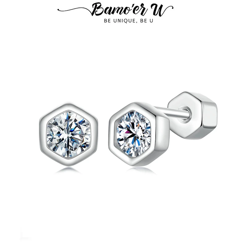 

Серьги-гвоздики Bamoer U Moissanite из стерлингового серебра 925 пробы, уникальный шестиугольный дизайн, сертифицированные серьги, женские ювелирные изделия, VVS1, цвет D