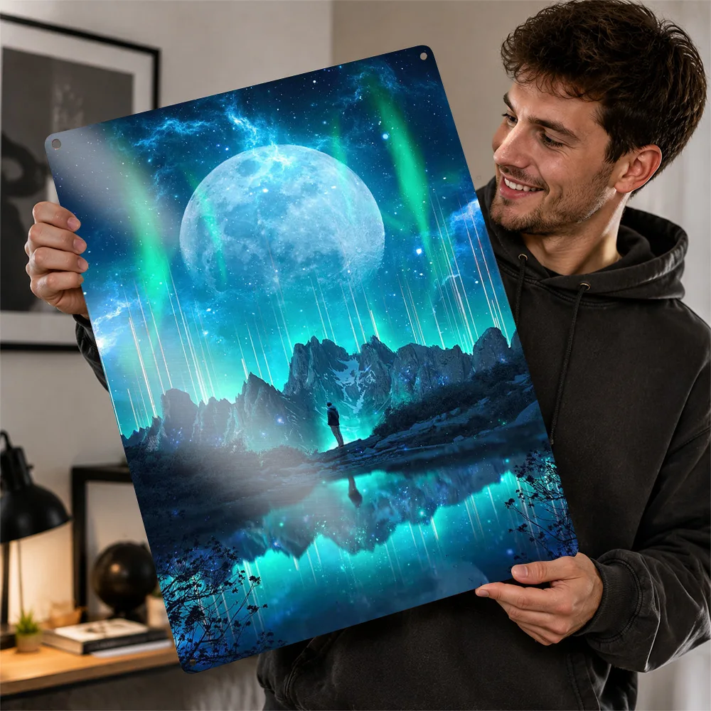 Lone Figure Beneath Giant Moon Printed Poster Surreal Wall Art For Living Room Customized Aluminum Metal Sign Explorer Gift Idea