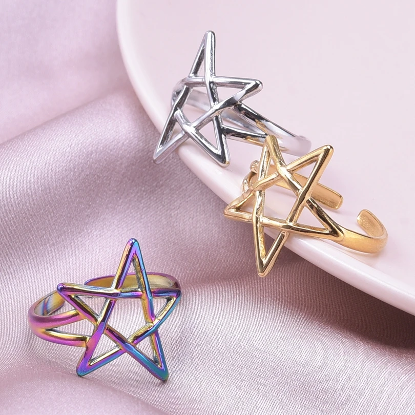 10pcs Stainless Steel Rings for Women Vintage Adjustable Sliver Color Wings/Flowers/Five Pointed Stars/Gestures Ring Accessories