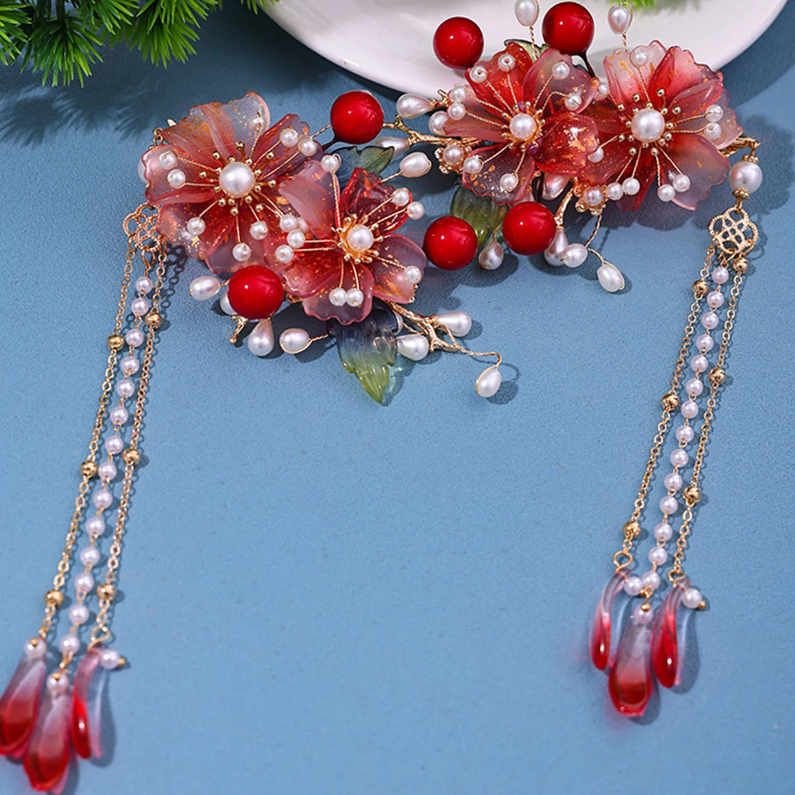 Red Flower Hairpins Chinese Style Hair Clip Long Tassel Pearls Headpieces Women Girls Hanfu Dress Daily Hair Jewelry Accessories