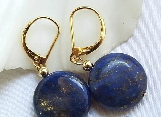 NATURE 14MM LAPIS LAZULI COIN BEAD DANGLE EARRING  discount 40%