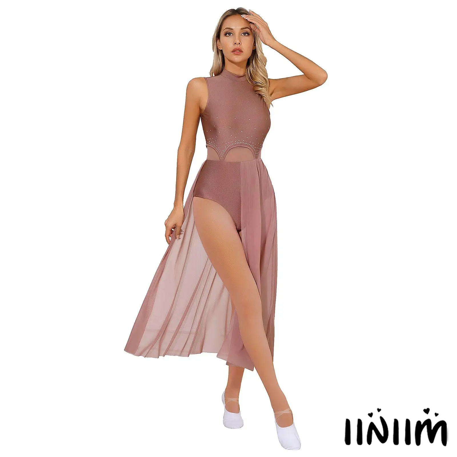 

Elegant Women's Dance Dress with Sparkling Rhinestone Waist Keyhole Back Flowy Mesh Skirt for Lyrical Modern Performances