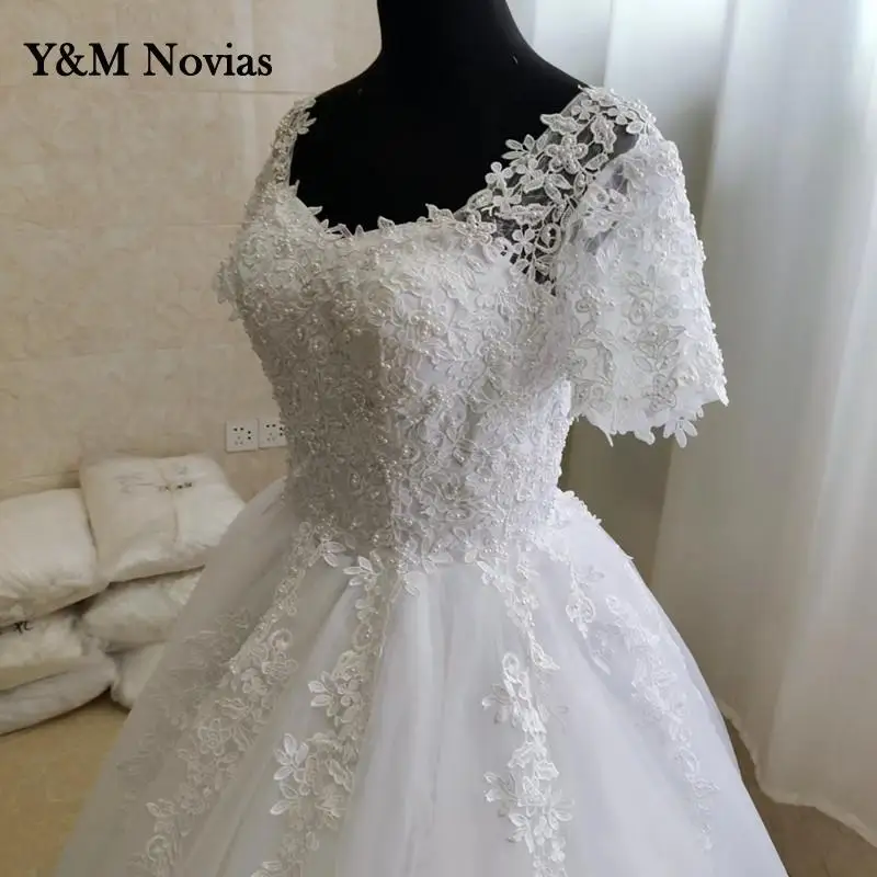 Y & m novias clássico colar quadrado branco marfim pérolas vestidos de casamento com manga renda applique borda para noivas vestidos mais tamanho