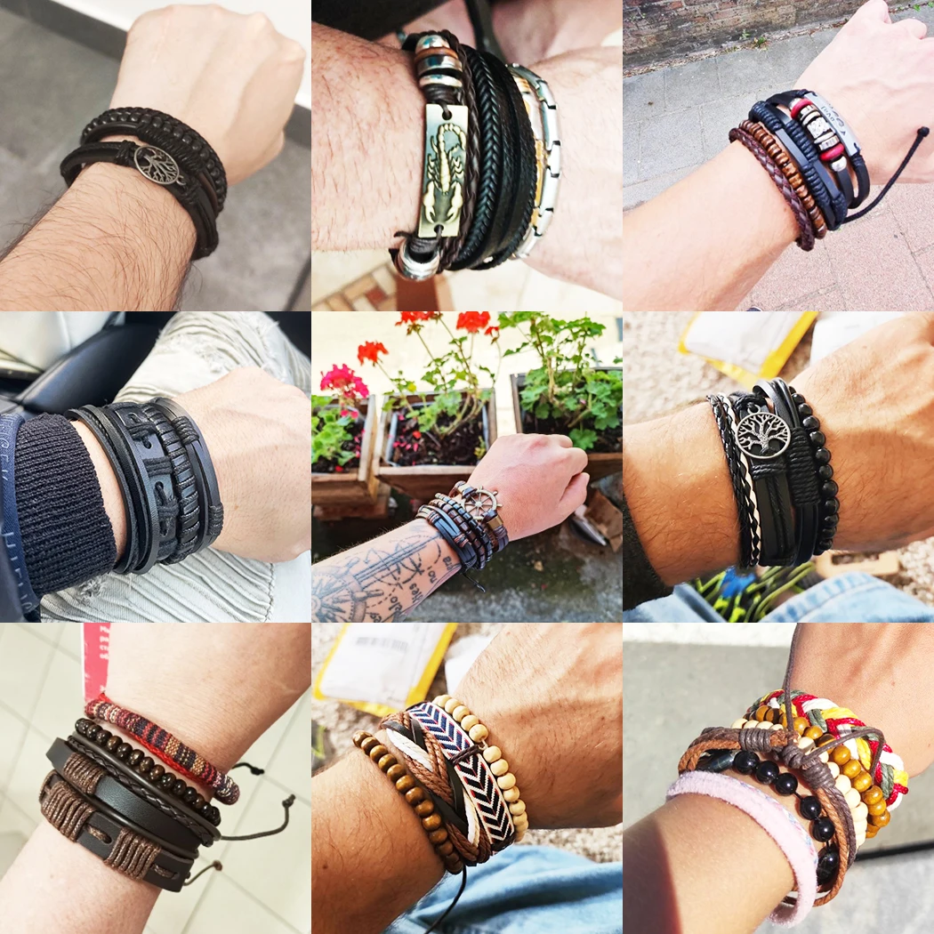 MeMolissa Vinatge Gothic Punk Braided Wrap Leather Bracelets for Men Scorpion Life Tree Wood Beads Ethnic Tribal Wristbands