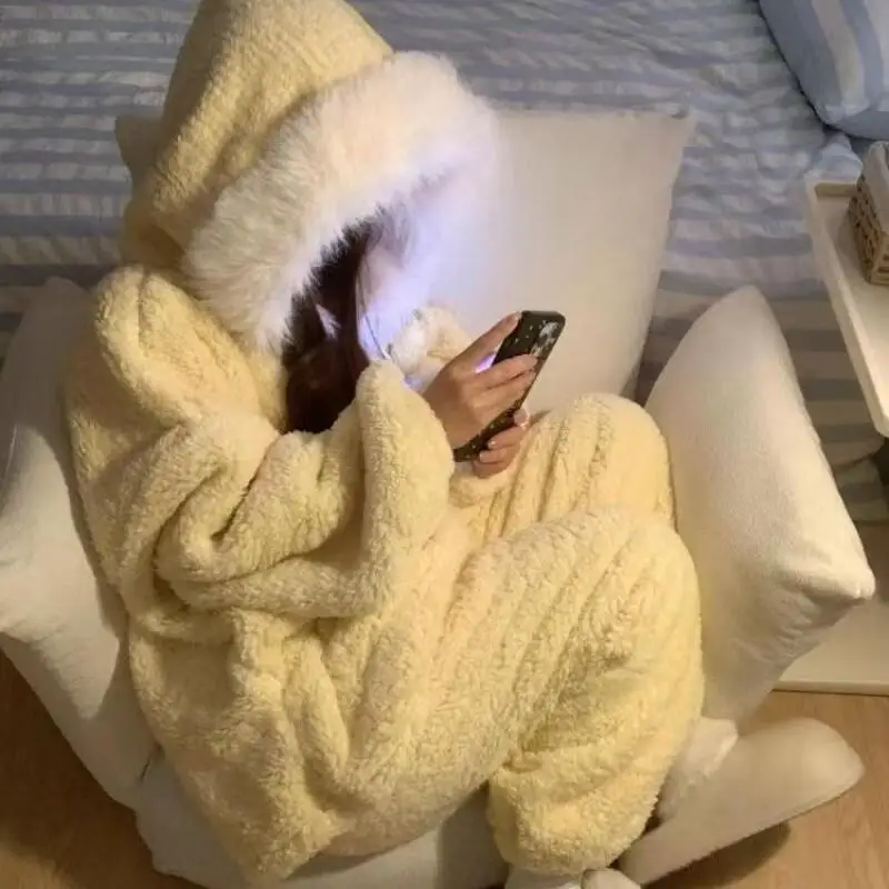 

Korean Style Women's Hooded Cotton Pajama Set Winter Cute Solid Color Sleepwear Cozy Loungewear Homewear Suit Girl Clothing