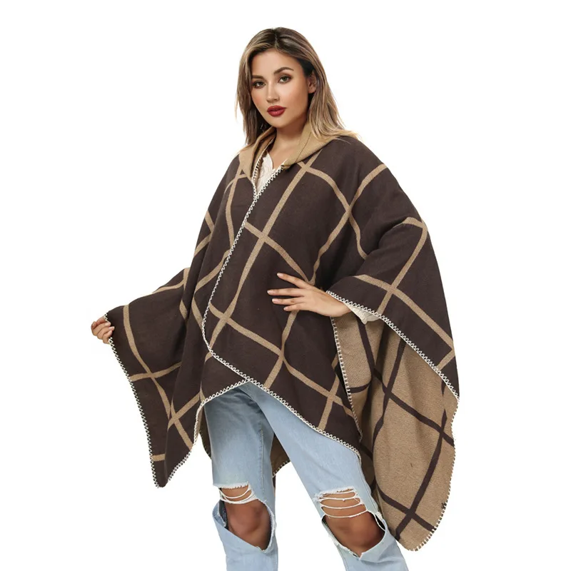 厚手のイミテーションカシミア-スプリットニットケープ-レディース-フード付きショール-欧米風チェック柄