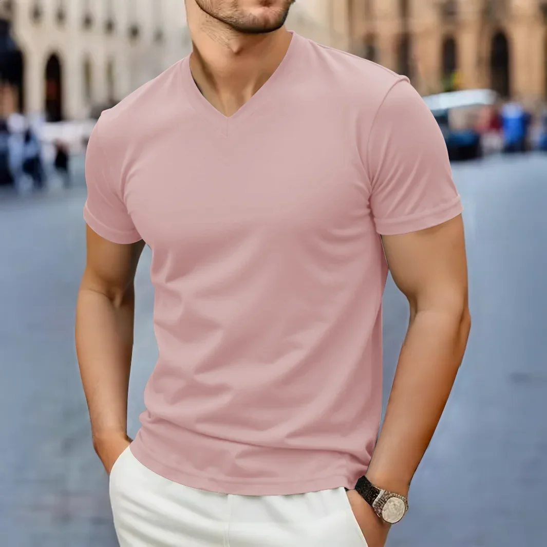 2026 New Men's Casual Fashion Simple V-neck Short Sleeved T-shirt Summer Comfortable Breathable Versatile Top