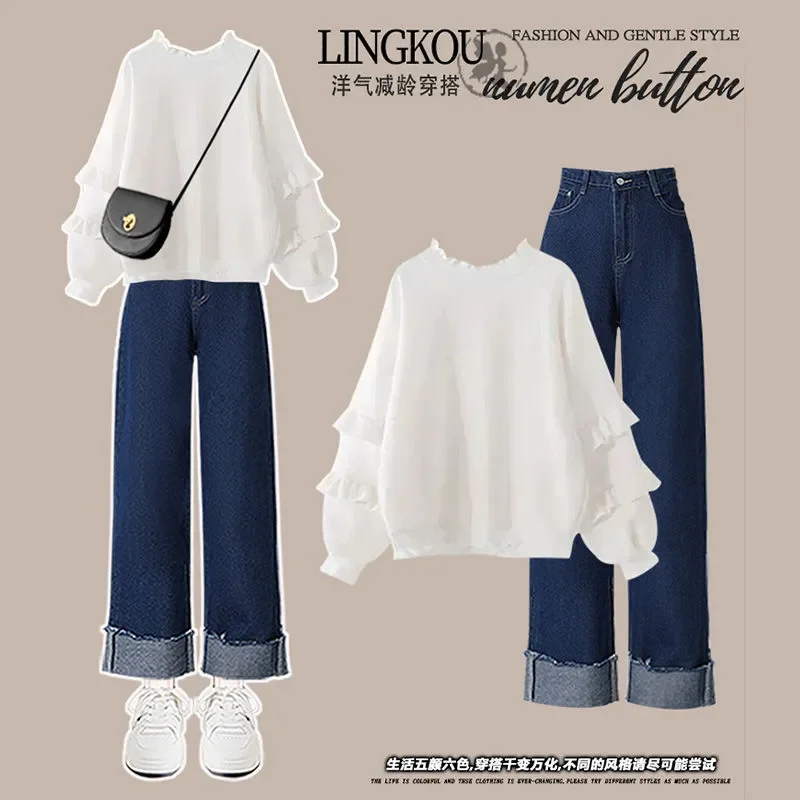 

2025 Autumn Jeans Sets Women O-Collar Casual Top Fashion Streetwear Female Denim Pant Two Piece Set