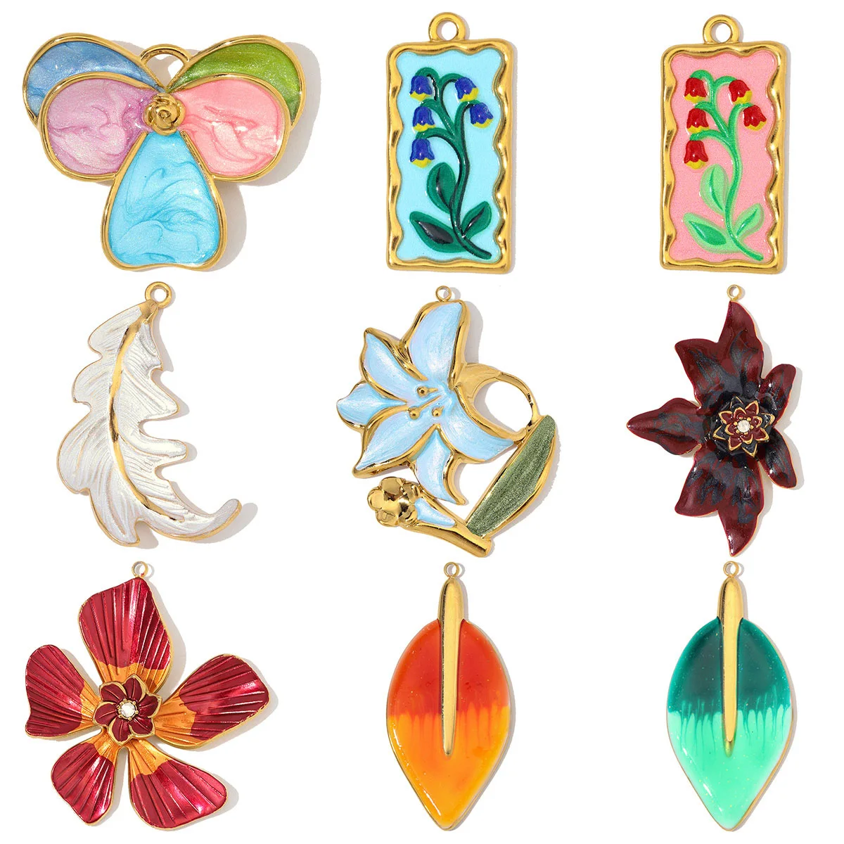 3pcs/Lot Stainless Steel Enamel Feather Leaf DIY Charms Lily of the Valley Necklace Pendants Woman Morning Glory Flower Jewelry
