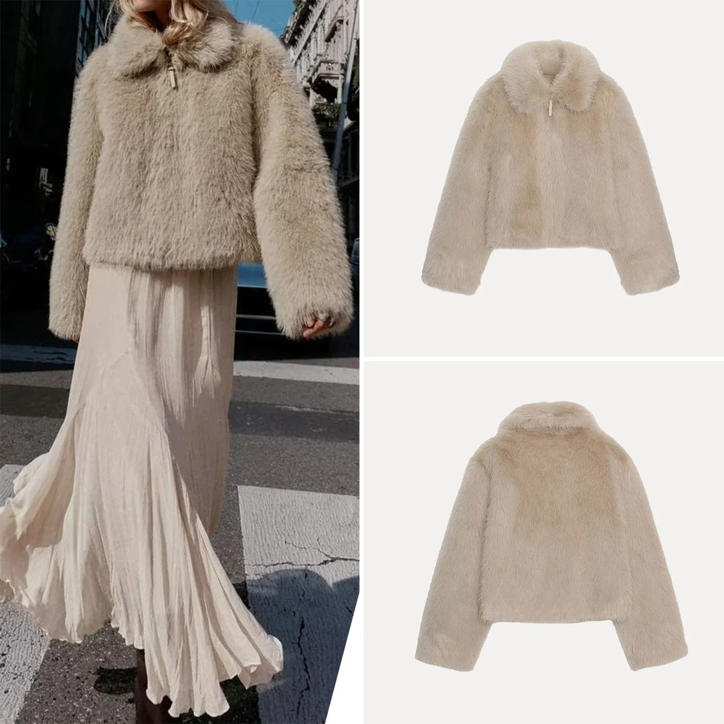 Z المرأة على الوجهين الفراء الاصطناعي Jaet Faionable ملابس خارجية ort معطف طويل Sve سستة إغلاق الخريف 2025