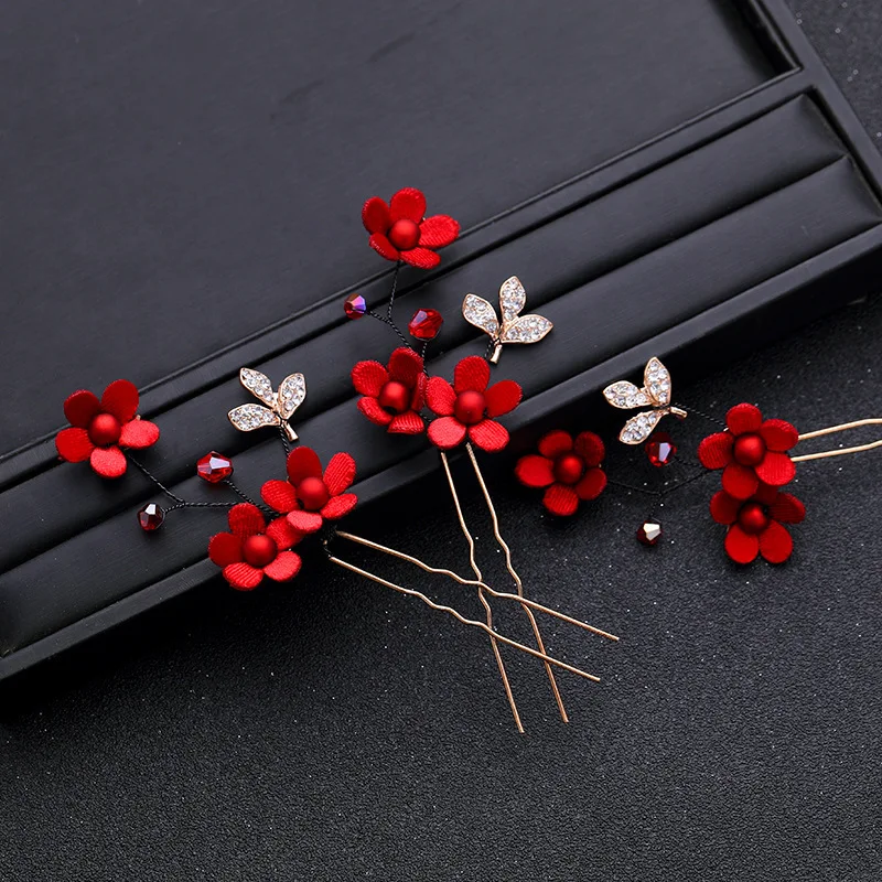 5pcs Vintage Gold Red Flowers Headbands With Tassel Earrings Hairpins Sets For Women Bride Wedding Hair Accessories