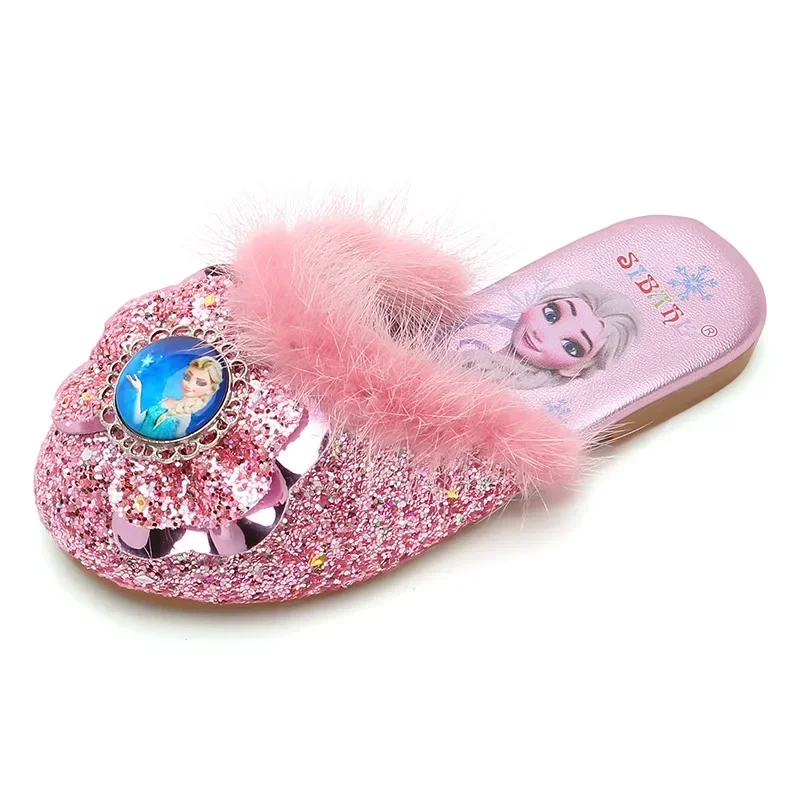 Disney Girls Furry Slippers Fall Winter Elsa Princess Slippers Baby Indoor and Outdoor Slippers Girls cartoon frozen shoes