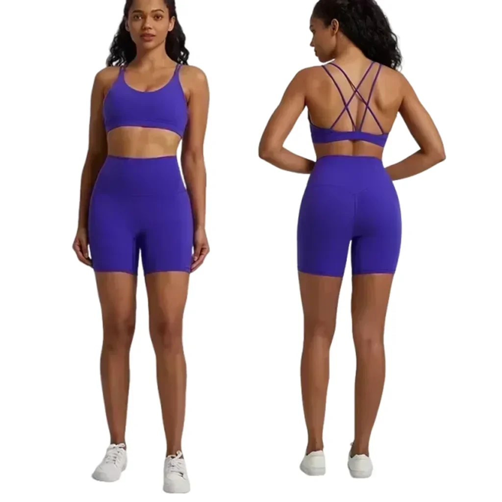 

Lemon Soft Women Sport Suit High Waist Shorts Cross Fitness Bra 2pc Short Legging Yoga Set Gym Workout Training Hollow Out