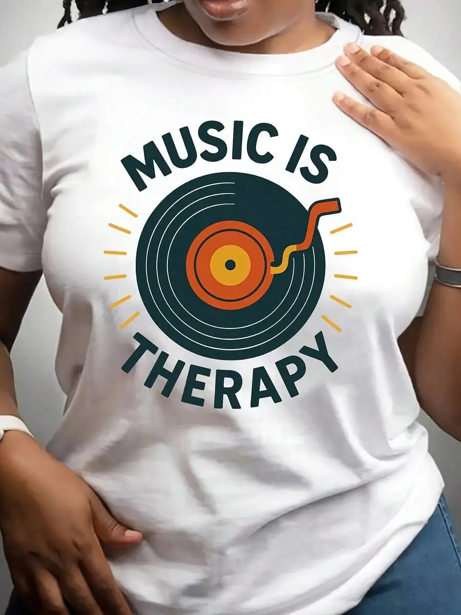 Women's White Cotton 'Music Is Therapy' Graphic T-Shirt, Short Sleeve Round Neck Regular Fit Top