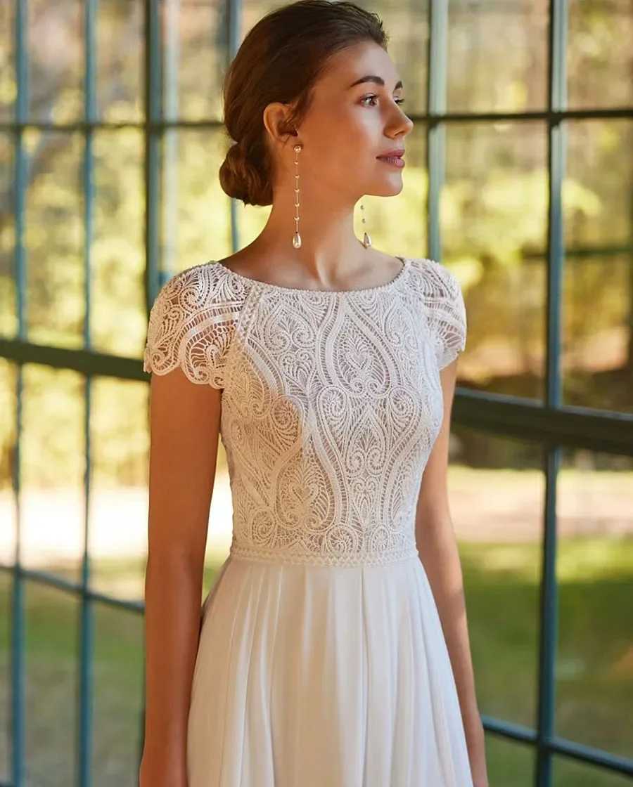 Flavinke-Vestidos De Novia De encaje bohemio personalizados, gasa con cuello redondo, apliques con abertura lateral para playa, vestido De fiesta nupcial, 2025