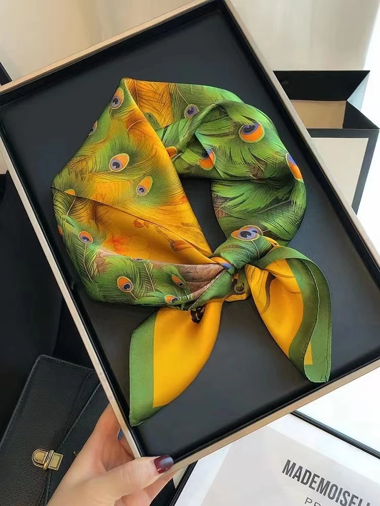 

BYSIFA| New Peacock Women Silk Scarf Fashion Yellow Green Square Scarves Hijabs Brand Accessories 100% Mulberry Silk Headscarves