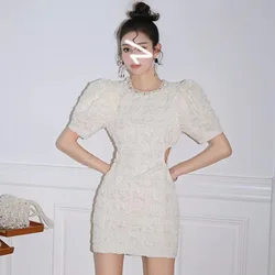 Heavy Industry Pearl Inlaid Diamond Decorative Round Neck Bubble Sleeve Dress Summer French Hollow Waist Short Fairy Dresses