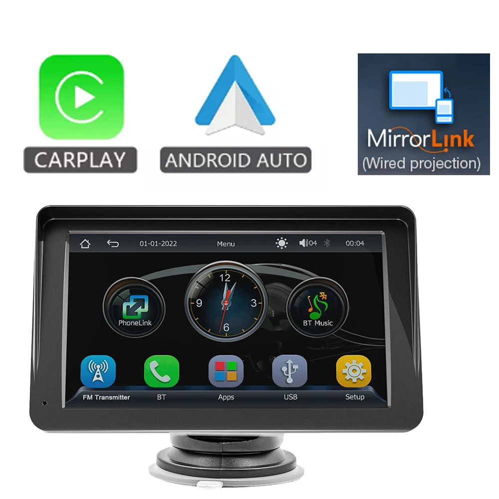 

7inch Portable Touch Screen With USB AUX For Rear View Camera Hippcron CarPlay Android Auto Car Radio Multimedia Video Player