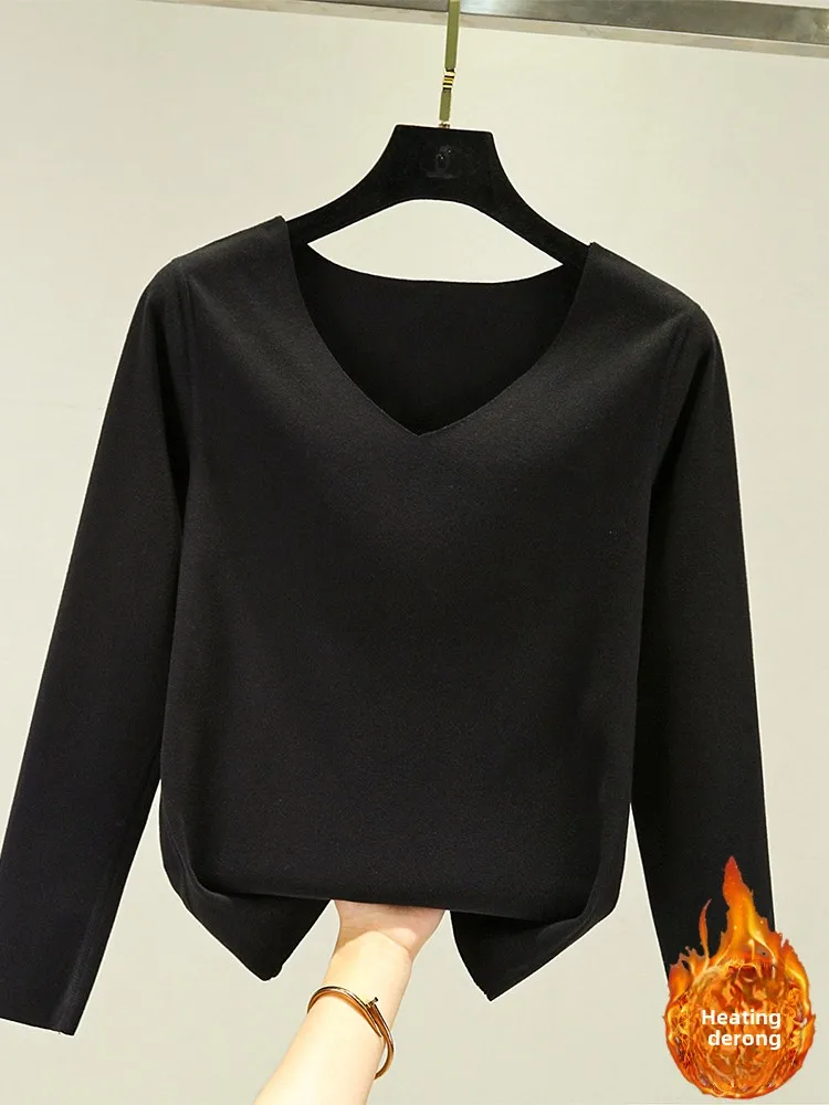 Thiened Double-Sided German Velvet Women's Thermal Underwear Long Sve V-Ne Warm Base irt Close-Fitting Home Wear