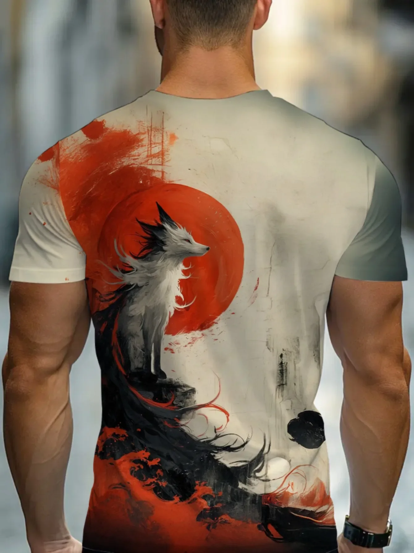 Retro Men's Japanese Style Nine‑Tailed Fox Red Sun Ink Painting Print T‑Shirt Casual Crew Neck Short Sleeve Fashion Street Tops