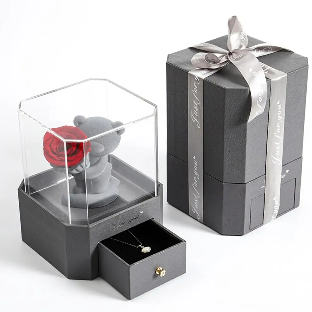 

Eternal Rose with Gift Box Romantic Gift Box Flocking Bear Figurines with Preserved Rose for Girlfriend Valentine's Day